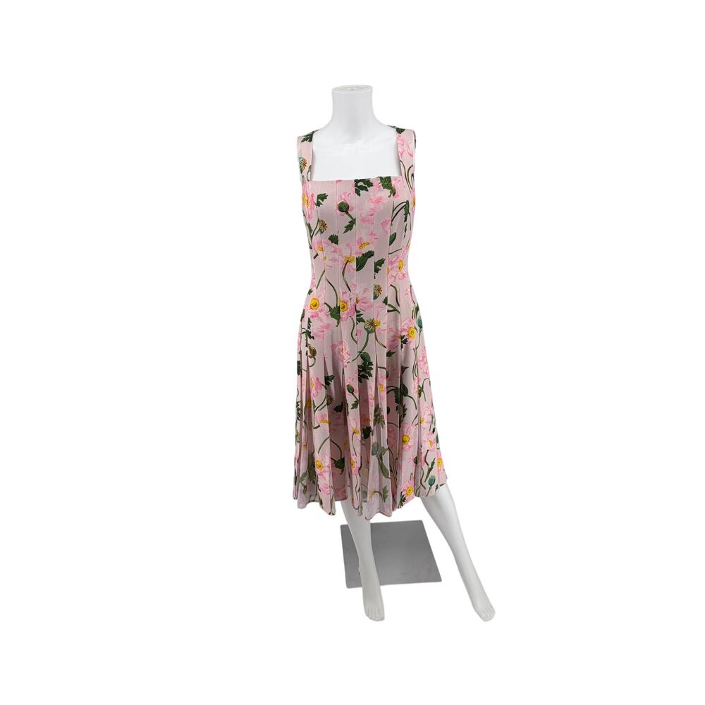 Oscar de la Renta Painted Poppies Pleated Cady Midi Dress Pink Floral Size M US6
